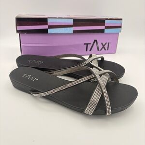 Taxi Flat Slide Sandals Rhinestone Criss-cross Straps Rose-01 Black Size 40